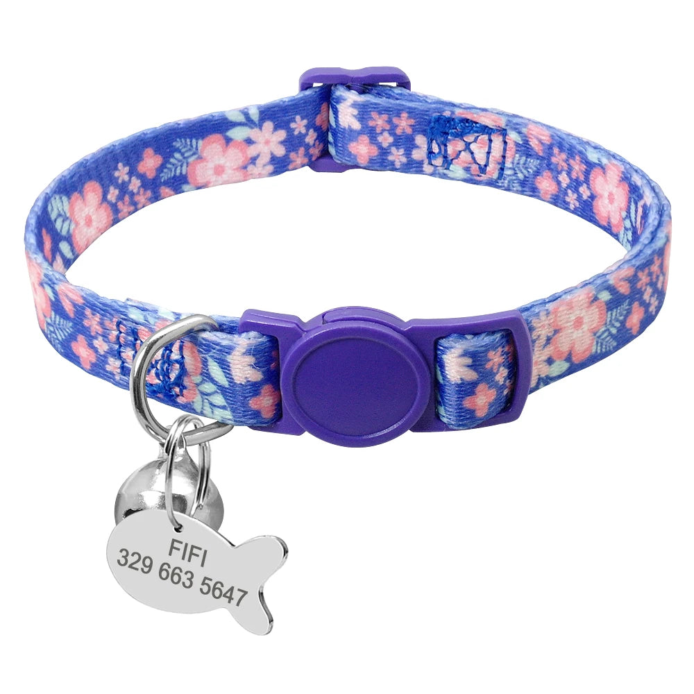 Personalized Cat Collar with Engraved Fish Tag – Adjustable Nylon Collar for Cats & Small Dogs