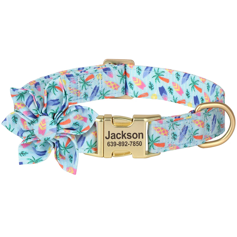 Personalized Dog Collar with Flower Print – Custom Engraved Nameplate | Adjustable Nylon Pet Collar for Small, Medium & Large Dogs