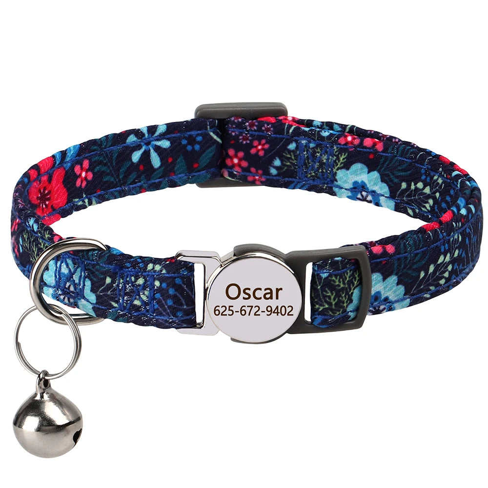 Personalized Cat/Puppy Collar with Engraved Nameplate & Bell – Adjustable Floral Design (Blue, Green, Pink, Red, Rose)