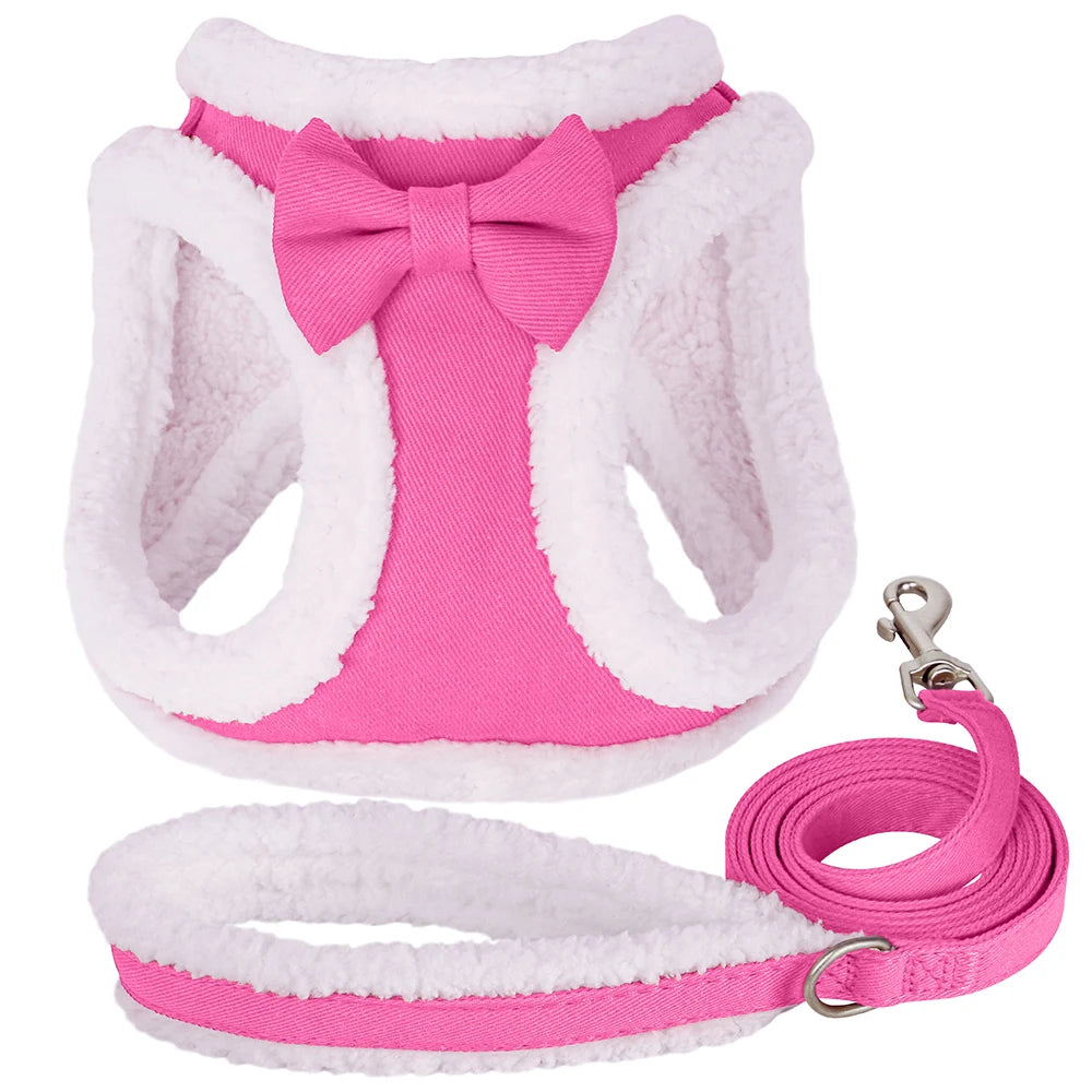 Winter Warm Dog Harness Leash Set – Soft Fleece Pet Vest with Bowtie for Small & Medium Dogs