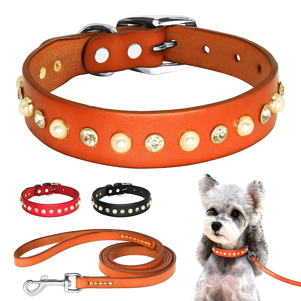 Genuine Leather Bling Collar & Leash Set – For Small & Medium Pets