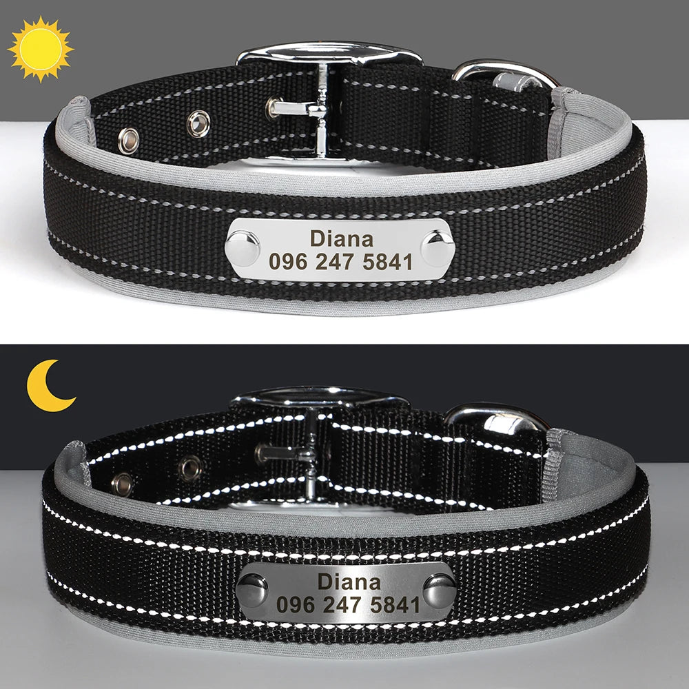 Personalized Reflective Nylon Dog Collar – Custom Engraved ID Tag for Small, Medium & Large Dogs