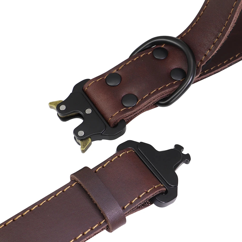 Real Leather Dog Collar with Handle – Tactical Military Training Collar for Medium & Large Dogs (German Shepherd, Hunting & Working Dogs)