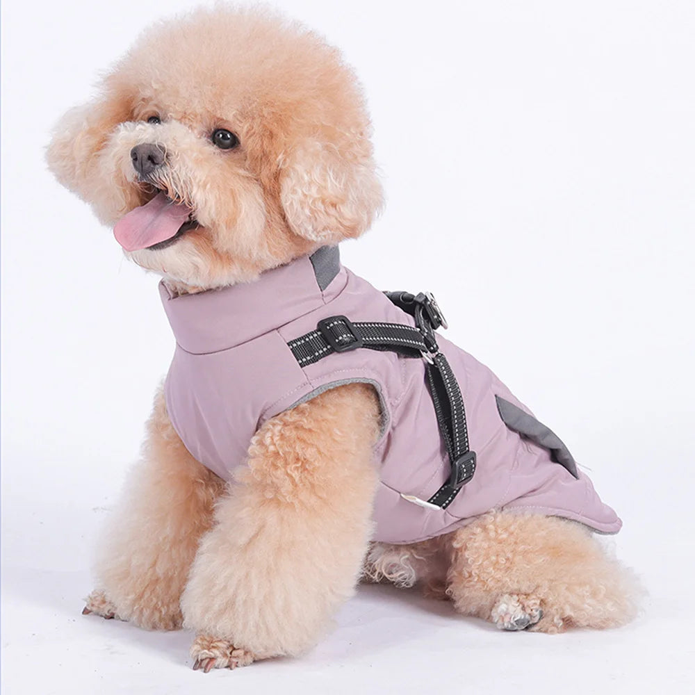 Waterproof Winter Dog Jacket with Built-In Harness & Reflective Belt