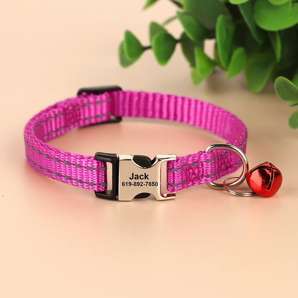 Reflective Personalized Nylon Dog & Cat Collar with Custom Engraved ID Tag & Bell – Adjustable Safety Collar for Small & Medium Pets
