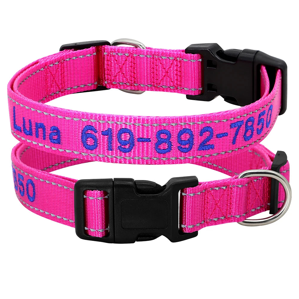 Reflective Personalized Nylon Dog Collar – Custom Embroidered ID Name & Phone – Reflective Adjustable Collar for Small, Medium & Large Dogs