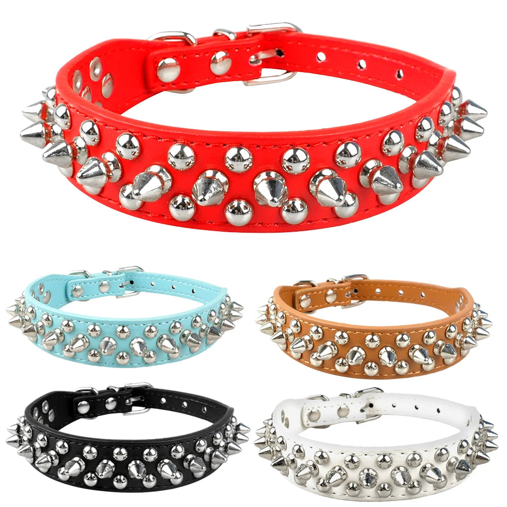 Spiked Studded Leather Dog Collar – Adjustable Anti-Bite Bulldog Collar for Small, Medium & Large Dogs