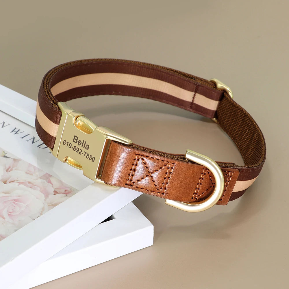✨ Personalized Nylon & Leather Dog Collar – Free Custom Engraving Included!