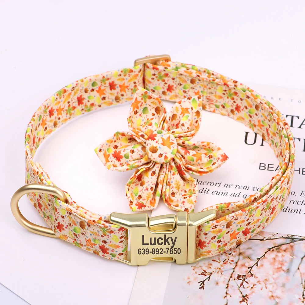 Personalized Dog Collar with Flower Print – Custom Engraved Nameplate | Adjustable Nylon Pet Collar for Small, Medium & Large Dogs