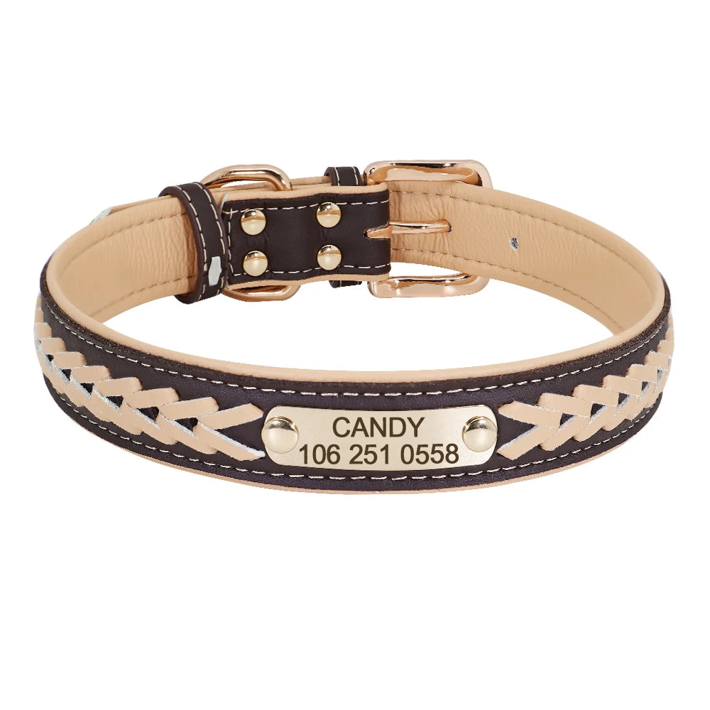 Personalized Leather Dog Collar with Engraved Nameplate – Adjustable Anti-Lost ID Tag for Small, Medium & Large Dogs