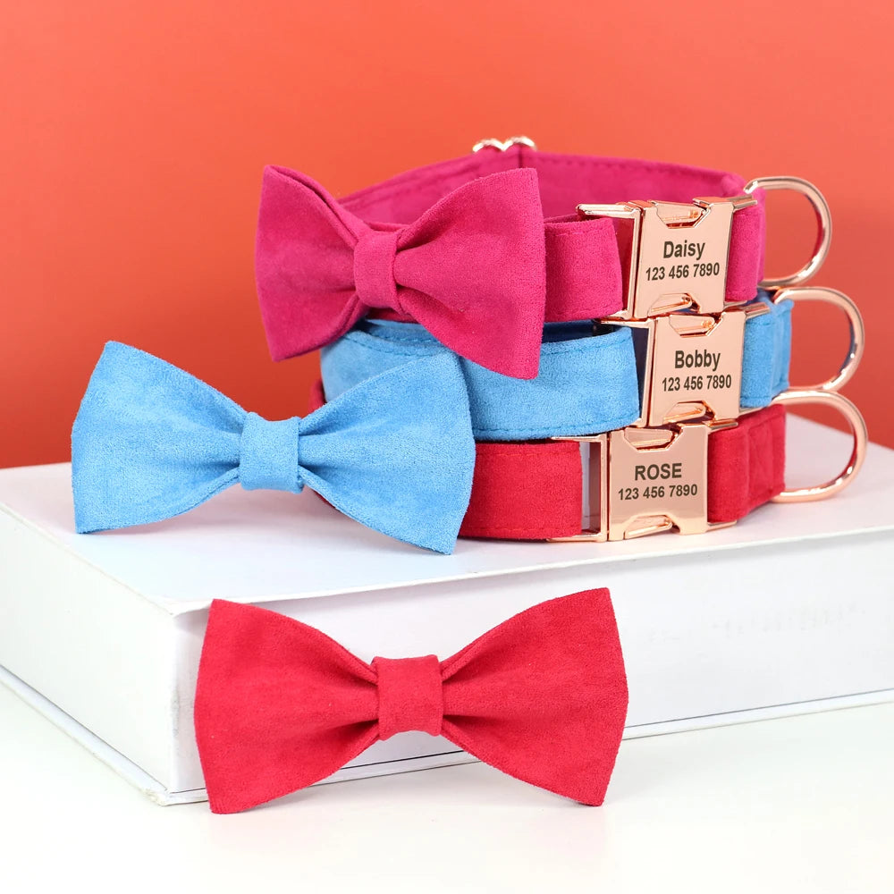 Custom Bowtie Dog Collar – Personalized Floral ID Tag with Engraved Name & Phone Number