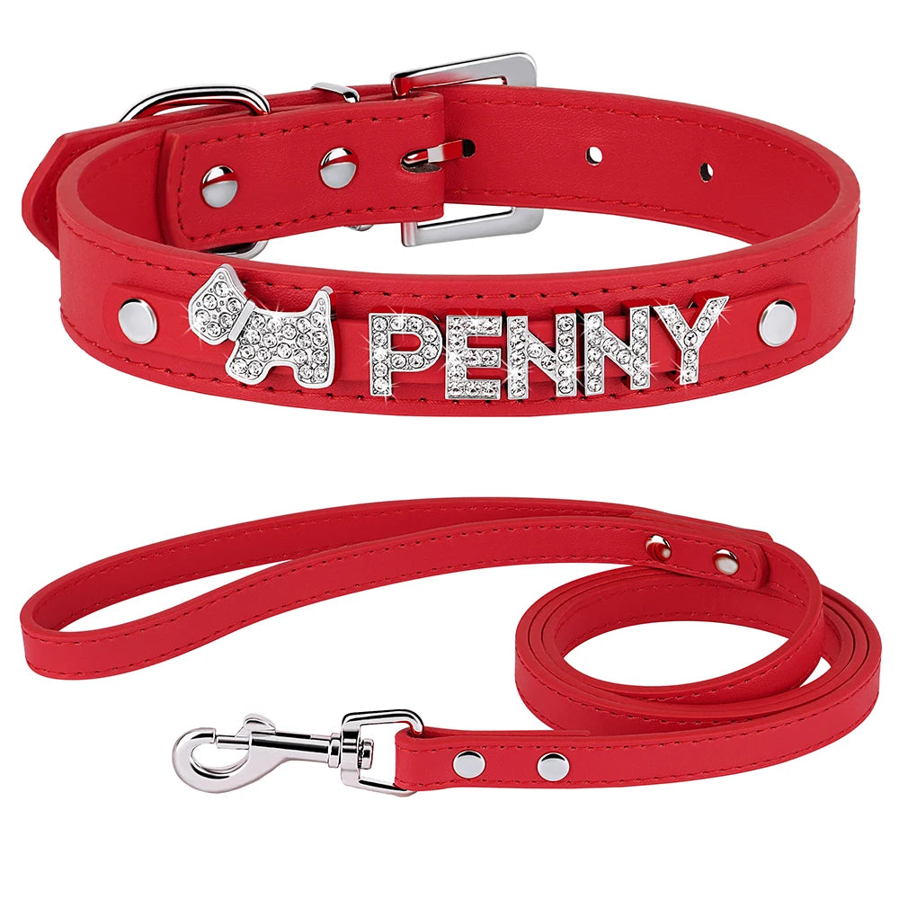 ✨ Personalized Bling Dog Collar & Leash Set – Custom Name with Rhinestones for Small & Medium Pets ✨