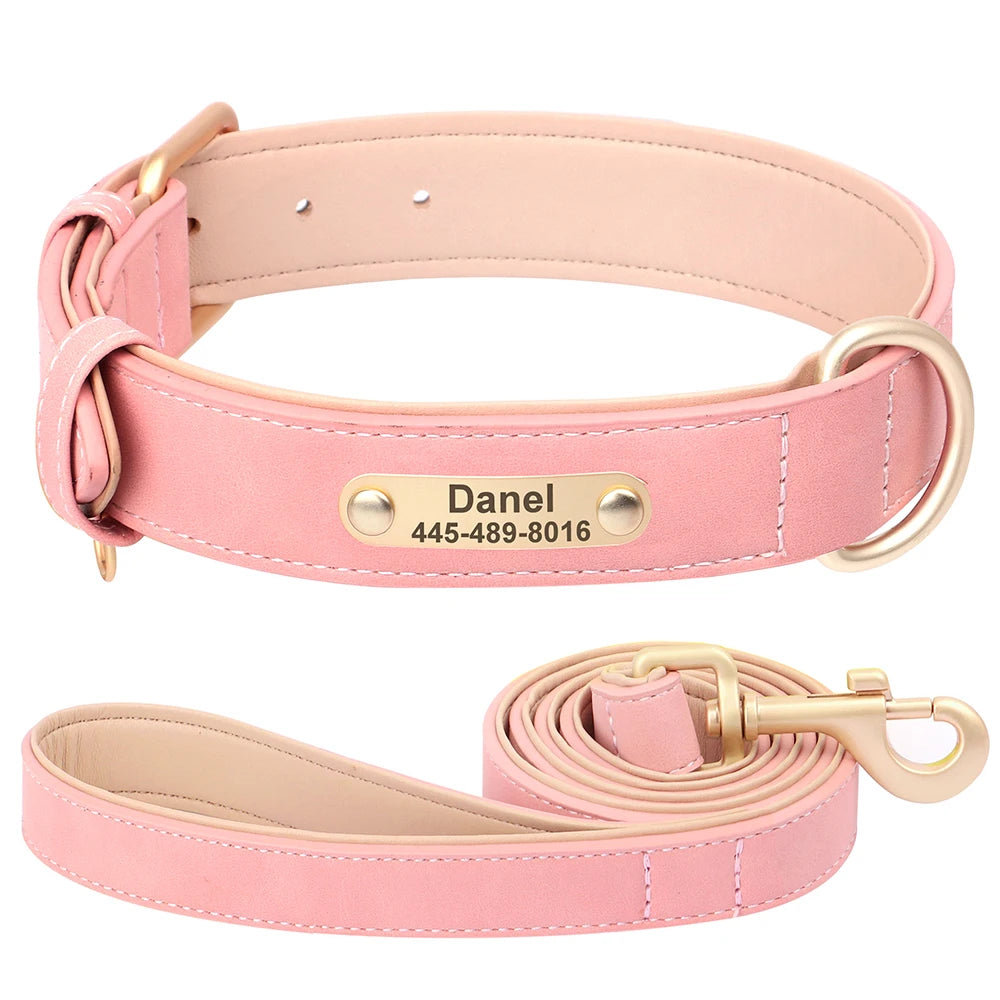 Custom PU Leather Dog Collar & Leash Set – Personalized Engraved Nameplate ID Tag for Small & Medium Dogs