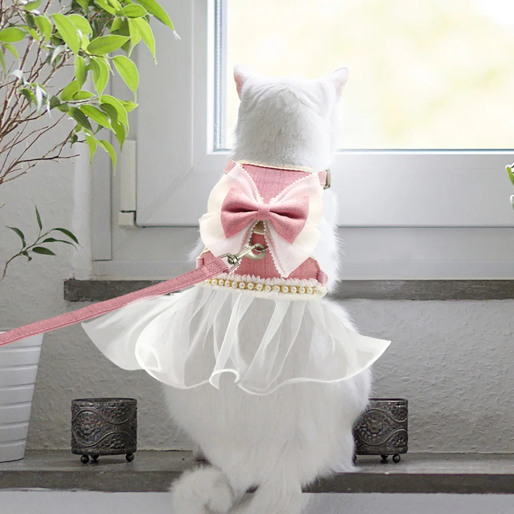 Princess Dog Cat Harness And Leash Set Lace Bowknot Pet Harness Chest Strap Dress For Fashion Chihuahua Cats Accessories