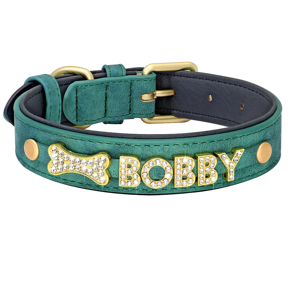 Custom Dog Name Collar – Bling Rhinestone Leather Collar with Free Charms & Personalized Letters