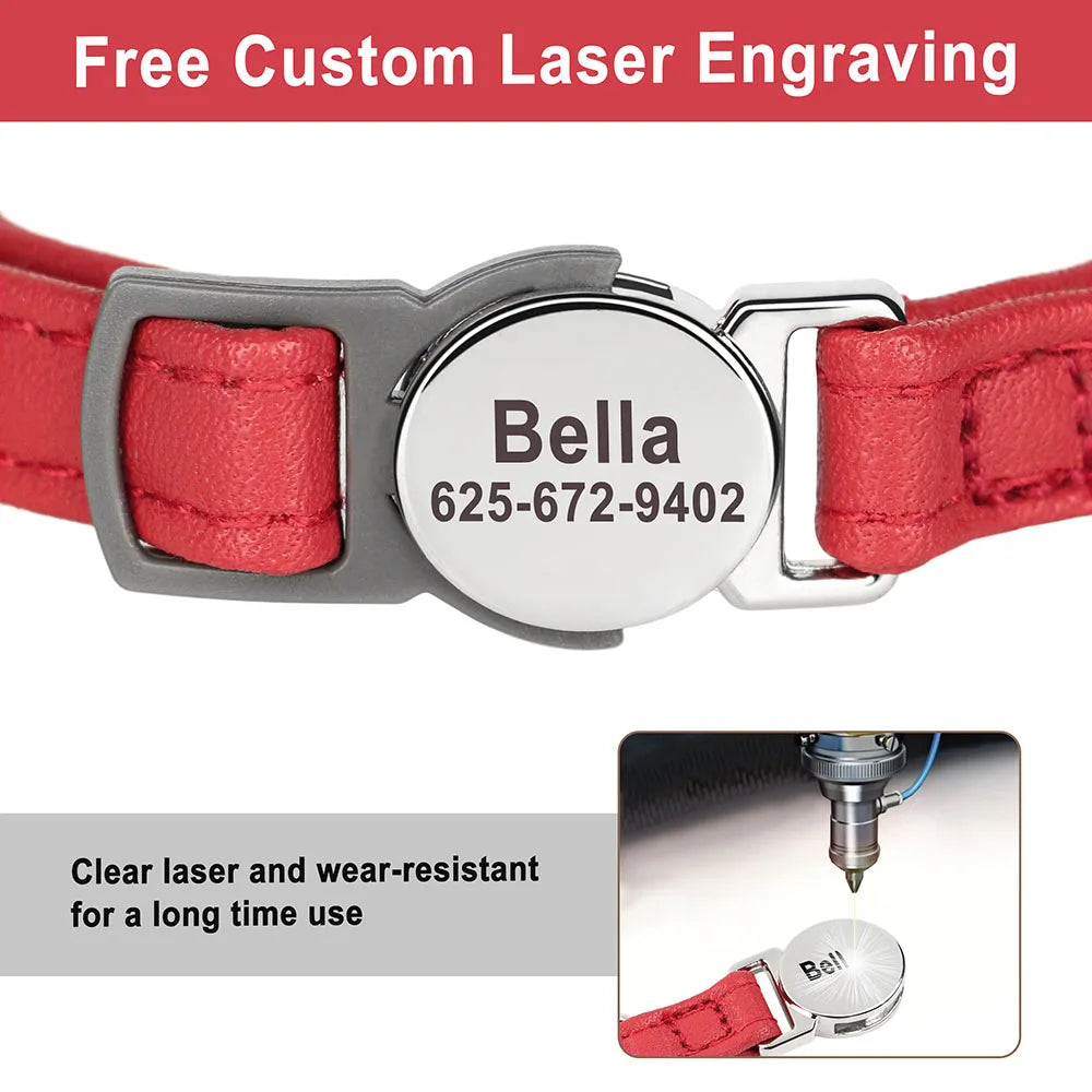 Personalized Cat Collar – PU Leather Adjustable Kitten & Puppy Collar with Engraved ID Nameplate & Bell, Anti-Lost Pet Collar