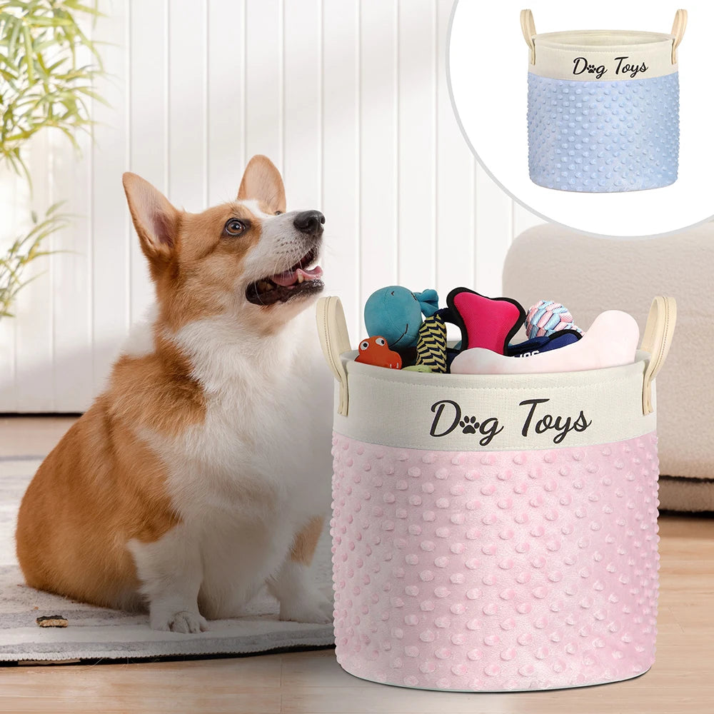Collapsible Dog Toy Storage Basket with Handles – Large Capacity Pet Organizer Bin (Pink/Blue)
