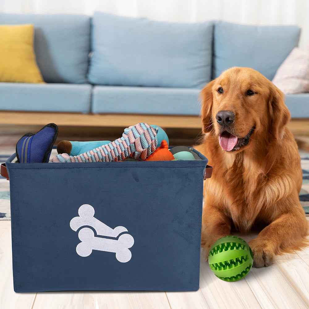 Large Capacity Foldable Dog Toy Storage Basket with Handles – Brown, Grey & Blue