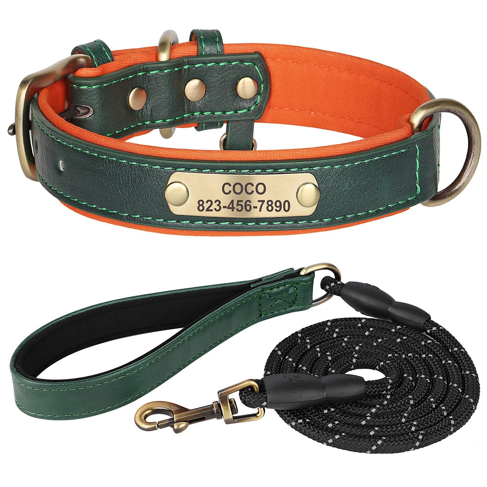 ✨ Personalized Dog Collar & Leash Set – Custom Engraved PU Leather for Small to Large Dogs (Pitbull-Friendly!)
