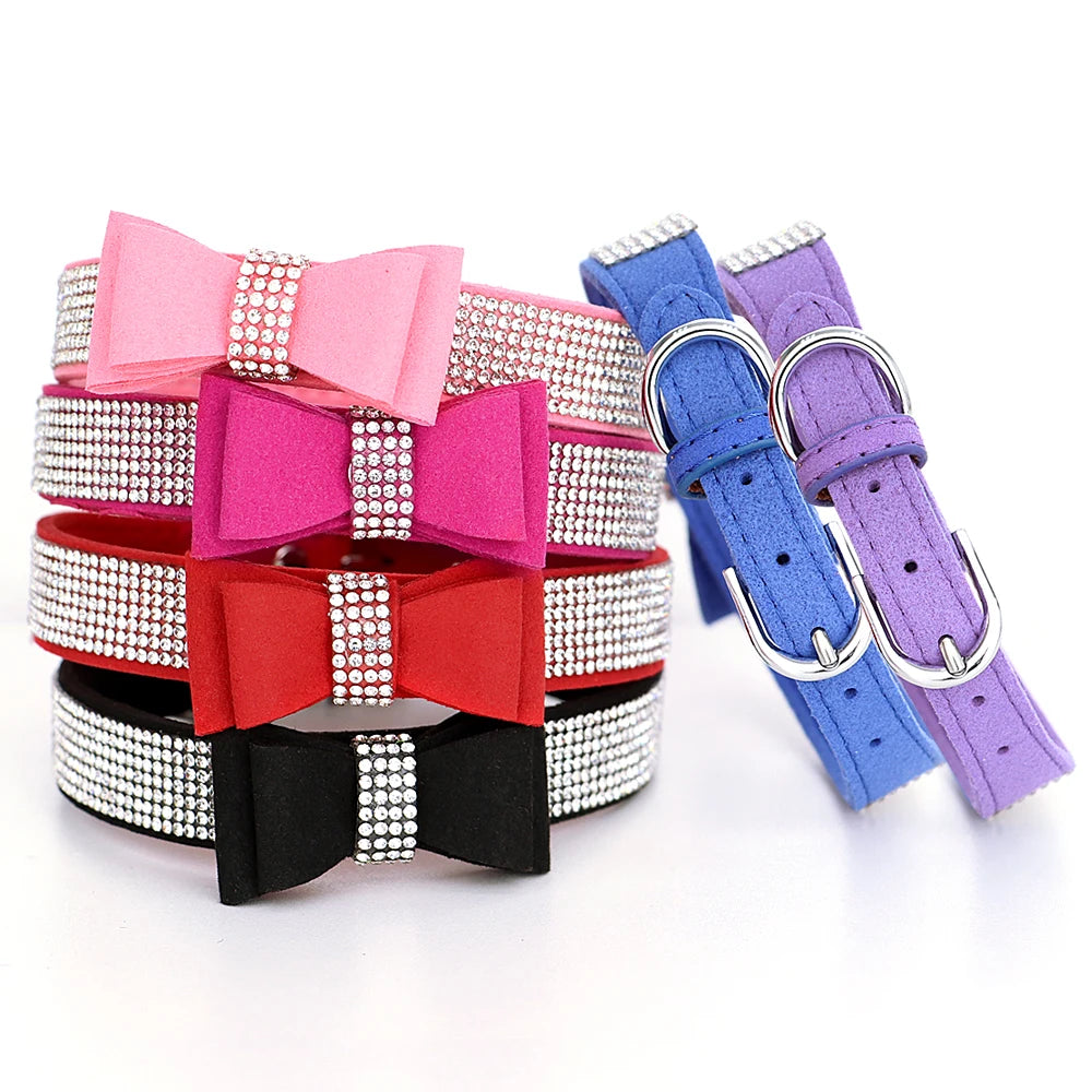 Bling Rhinestone Dog Collar with Bowknot – Adjustable Suede Collar for Small & Medium Pets