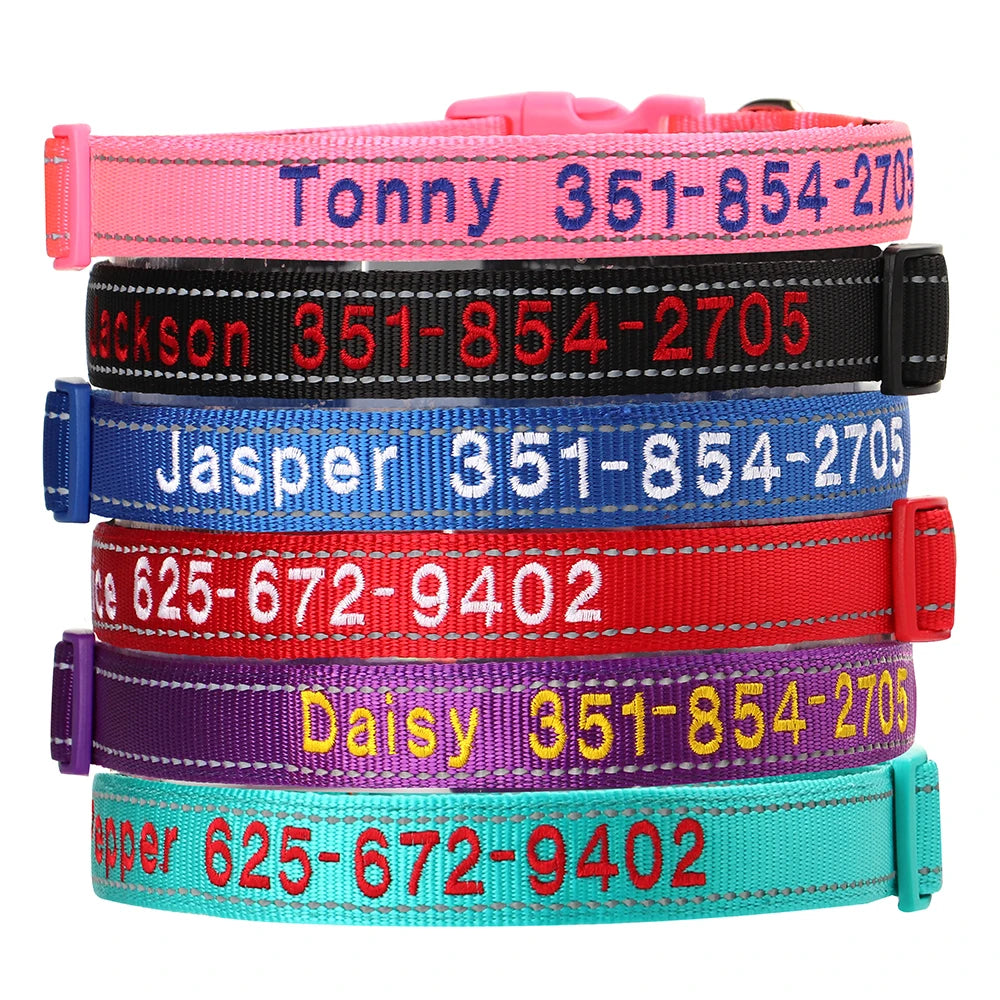 🦴 Custom Embroidered Reflective Dog Collar – Personalized Pet ID Name Nylon Collar for Small, Medium & Large Dogs