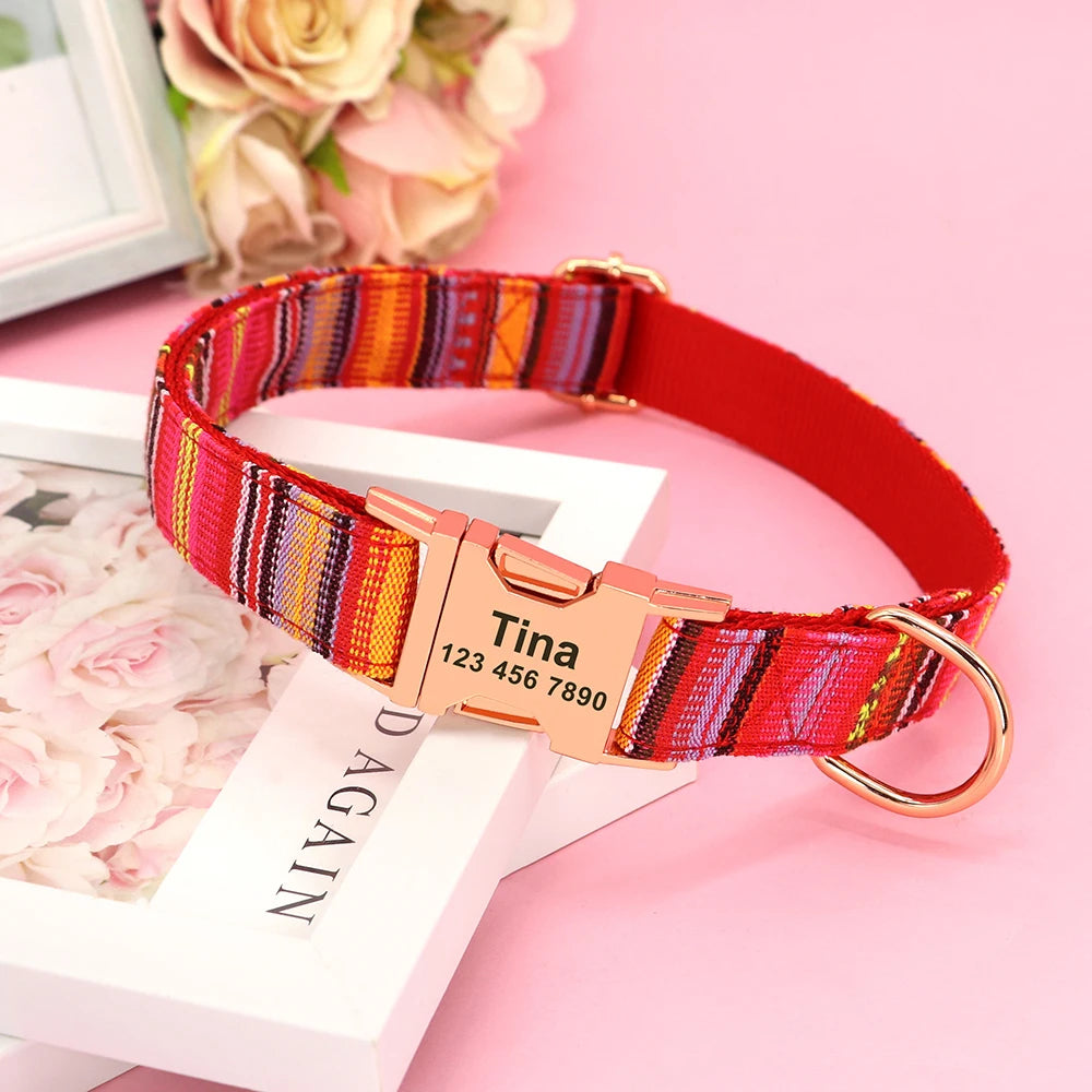 Personalized Nylon Dog Collar with Engraved Nameplate – Custom ID Tag for Small, Medium & Large Dogs