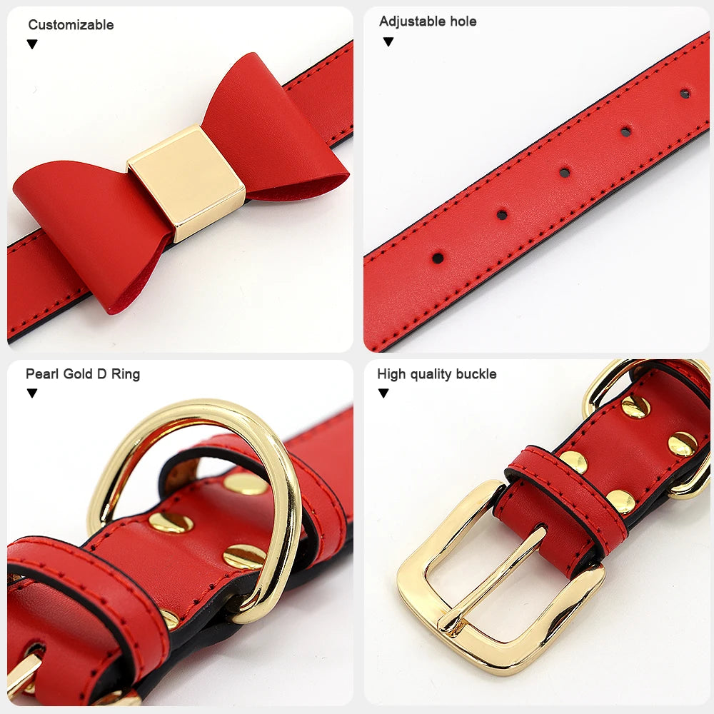 Personalized Dog Collar Customized Leather Pet ID Name Collar With Bowknot Free Engraved For Small Medium Dogs Cats Pet Supplies