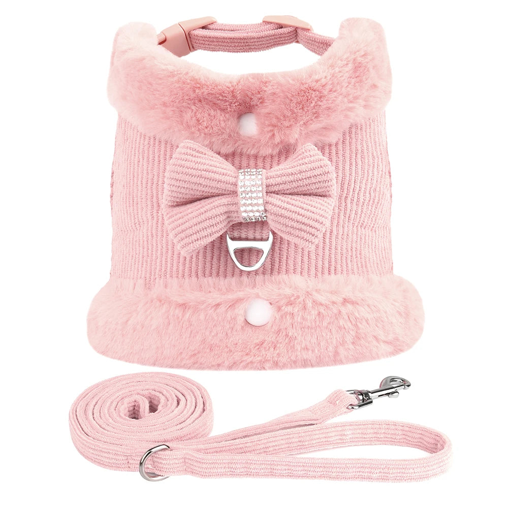Soft Warm Dog Harness & Leash Set with Bowknot – Cute Vest Outfit for Small & Medium Dogs & Cats
