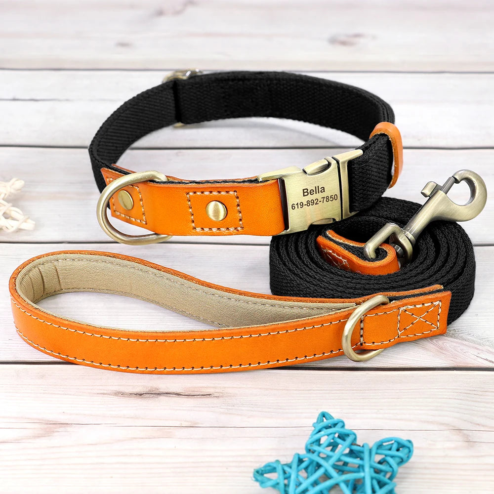 Nylon Custom Dog Collar & Leash Set – Personalized with Leather Nameplate