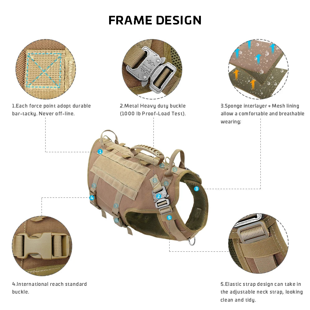 Tactical Dog Harness & Leash Set – Military MOLLE Vest for Large Dogs