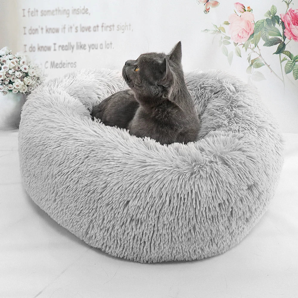 Long Plush Cat & Dog Bed – Soft Round Winter Pet Cushion Nest (50/60/70cm)