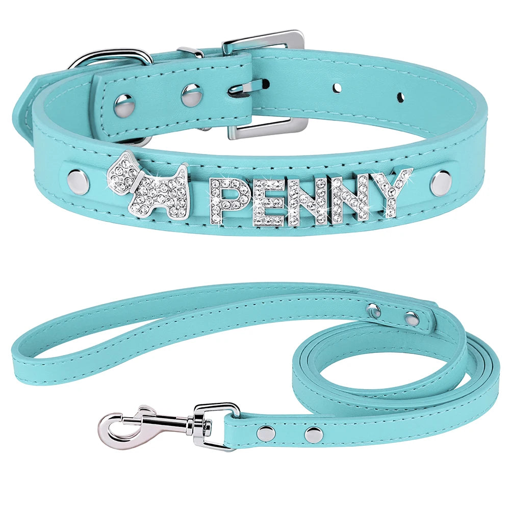 ✨ Personalized Bling Dog Collar & Leash Set – Custom Name with Rhinestones for Small & Medium Pets ✨