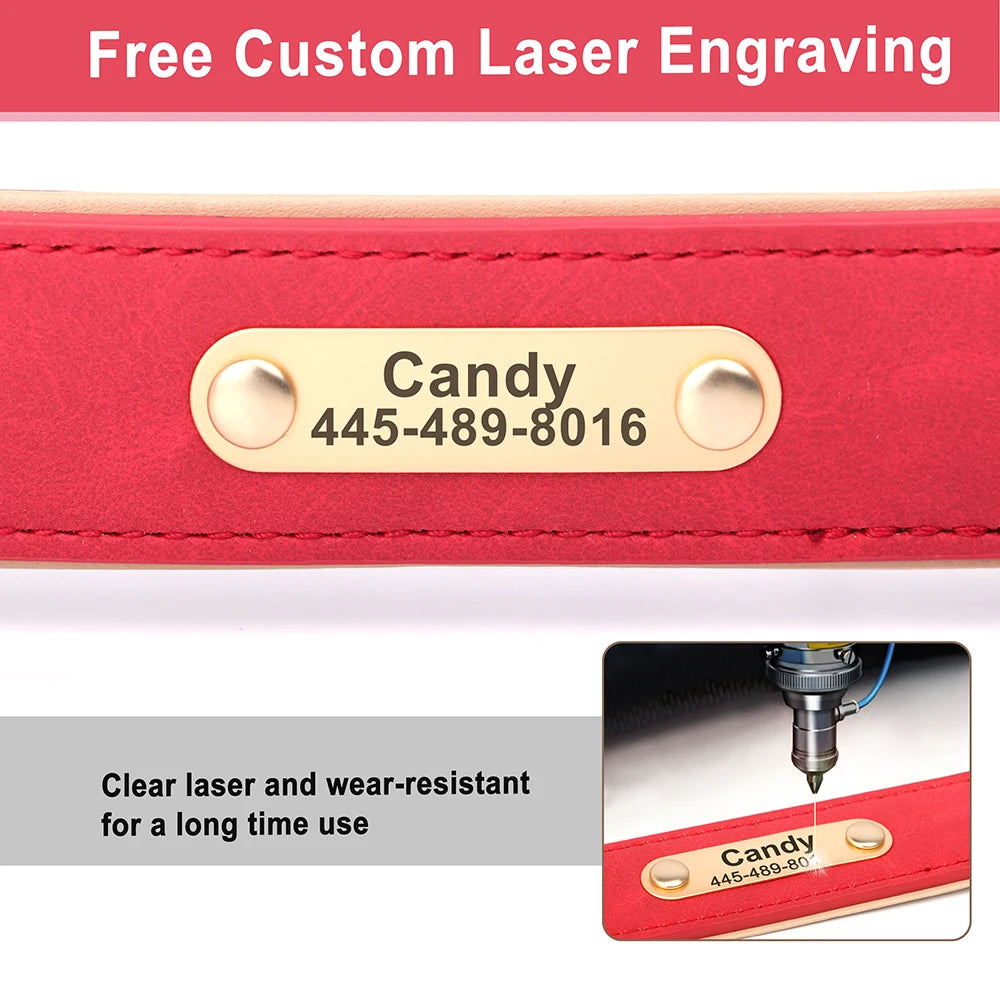 Custom PU Leather Dog Collar & Leash Set – Personalized Engraved Nameplate ID Tag for Small & Medium Dogs