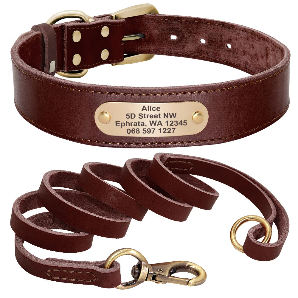🦴 Custom Leather Dog Collar & Leash Set — Personalized for Safety & Style 🐾