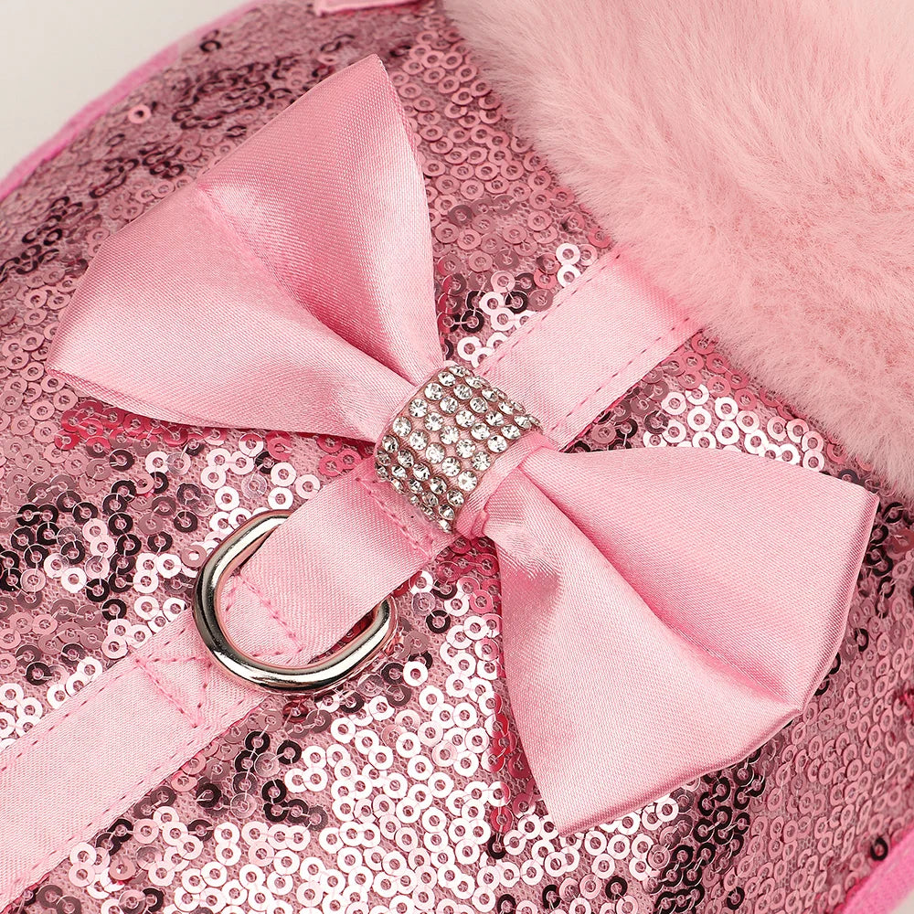 Warm Winter Dog Harness – Bling Rhinestone Fur Vest with Bowtie for Small & Medium Dogs and Cats
