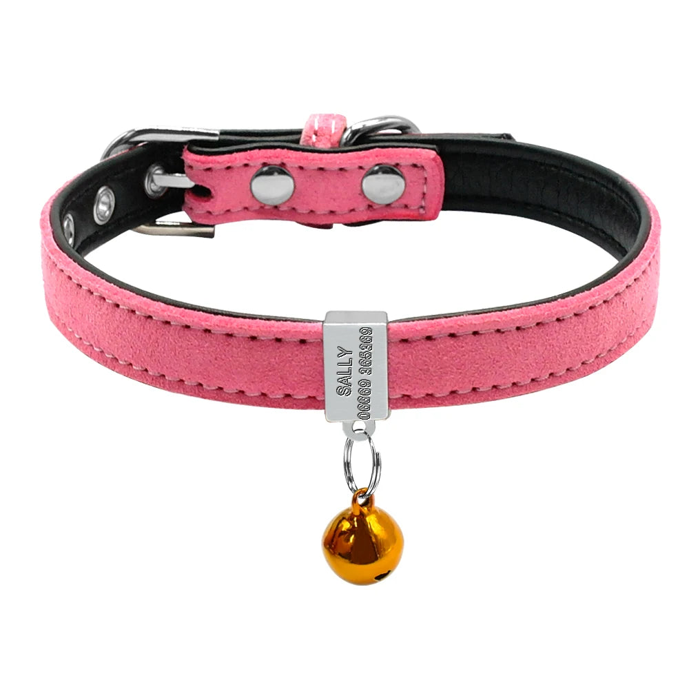 Personalized Leather Cat Collar – Custom Engraved Nameplate with Bell – Adjustable for Kittens, Cats & Small Dogs