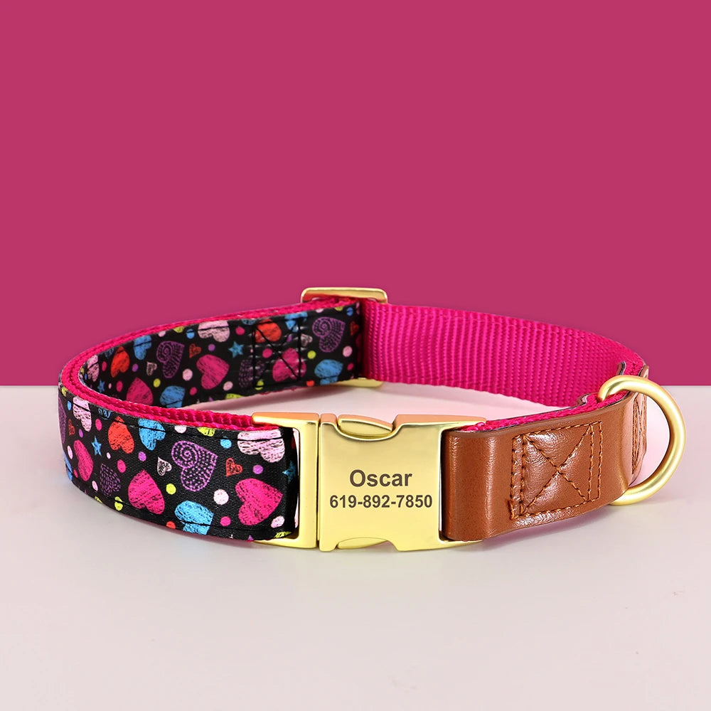 ✨ Personalized Nylon & Leather Dog Collar – Free Custom Engraving Included!