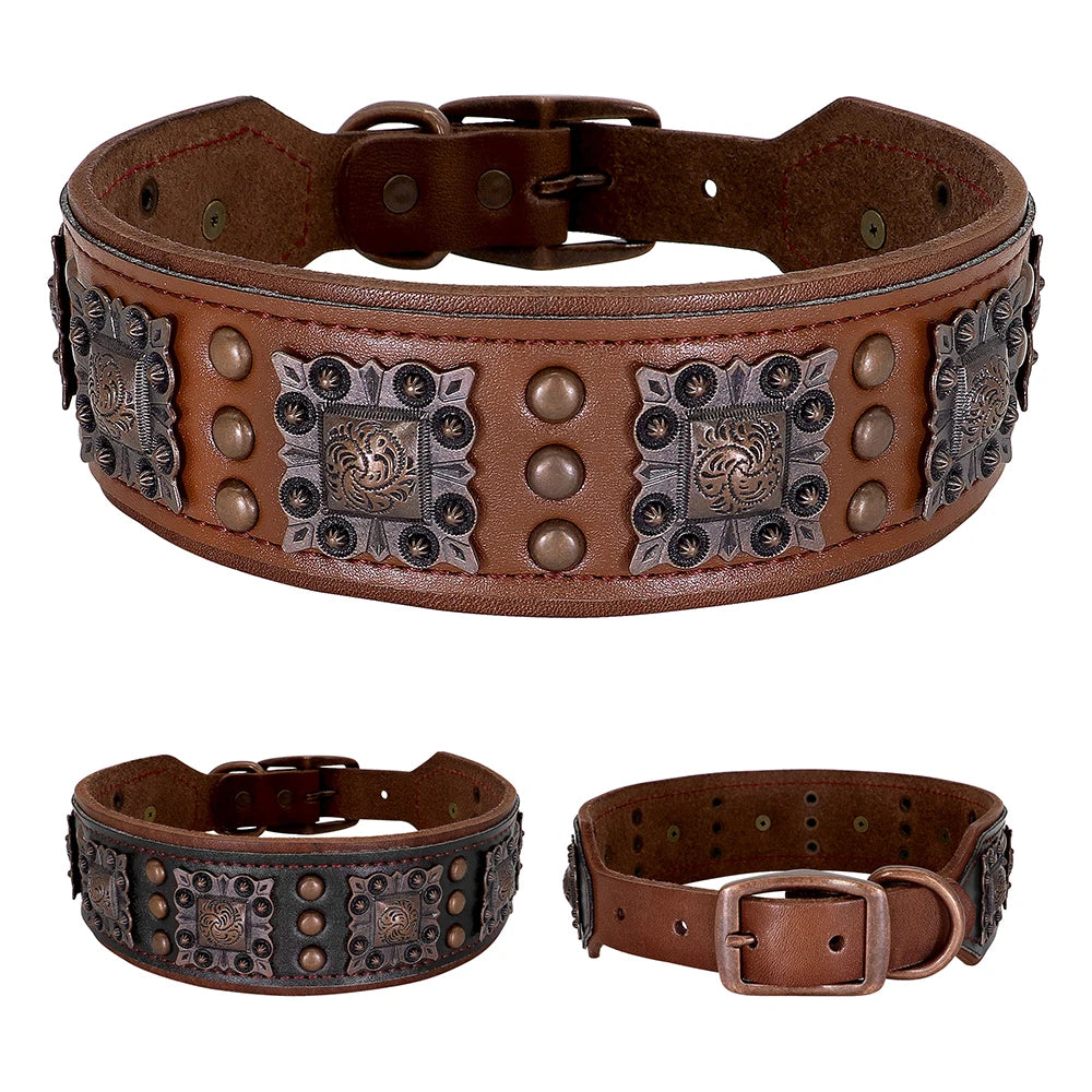 Durable Spiked Genuine Leather Dog Collar for Medium & Large Dogs – Pitbull Bulldog Adjustable Pet Collar
