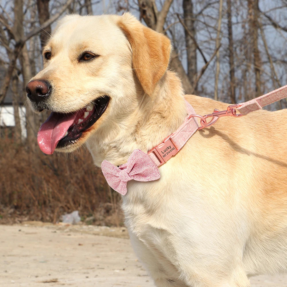 Customized Dog Collar & Leash Set – Personalized Pet Collars with Bowtie & Free Engraving