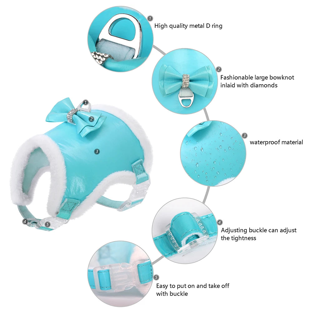 Winter Dog Harness & Leash Set with Fur Collar – Bling Bowtie Design for Small & Medium Dogs & Cats