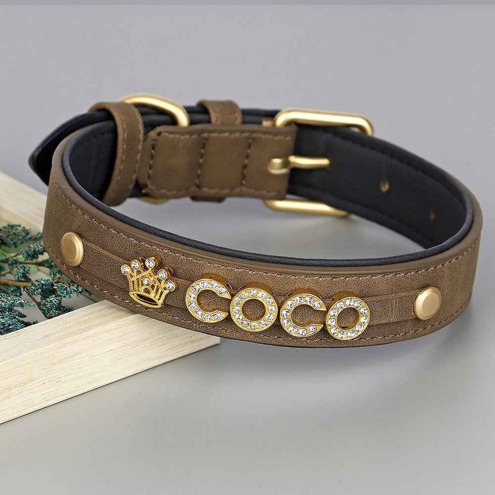 Custom Dog Name Collar – Bling Rhinestone Leather Collar with Free Charms & Personalized Letters