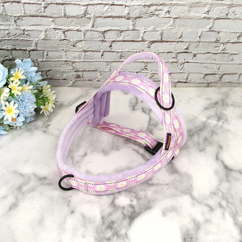 Winter Dog Harness No Pull Reflective Pet Dogs Vest Harness Warm Fur Padded Strap Harness for Medium Large Dogs Flower Print