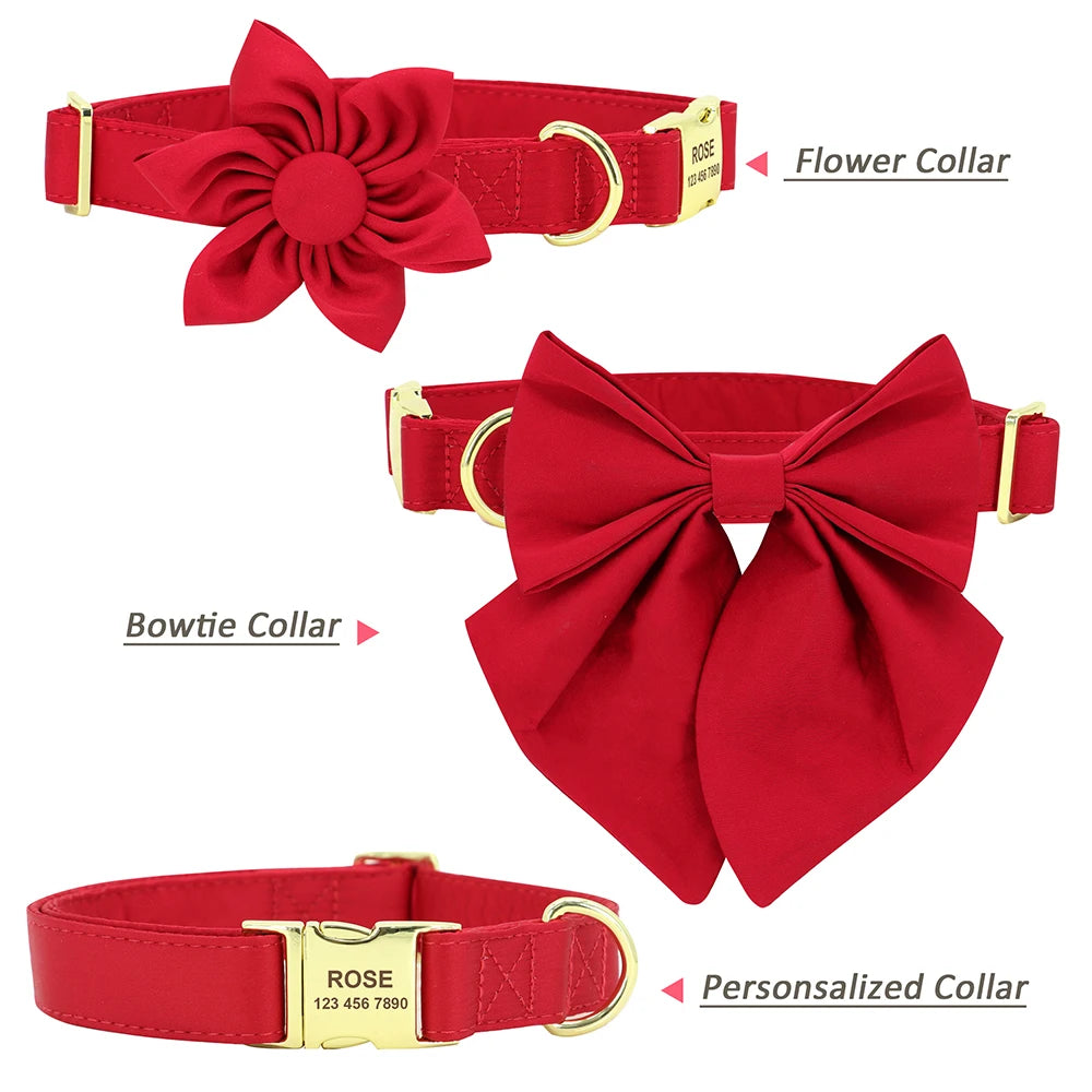Personalized Silk Dog Collar with Bowtie & Flower – Custom Engraved ID Tag | Adjustable Wedding Collar for Small, Medium & Large Dogs