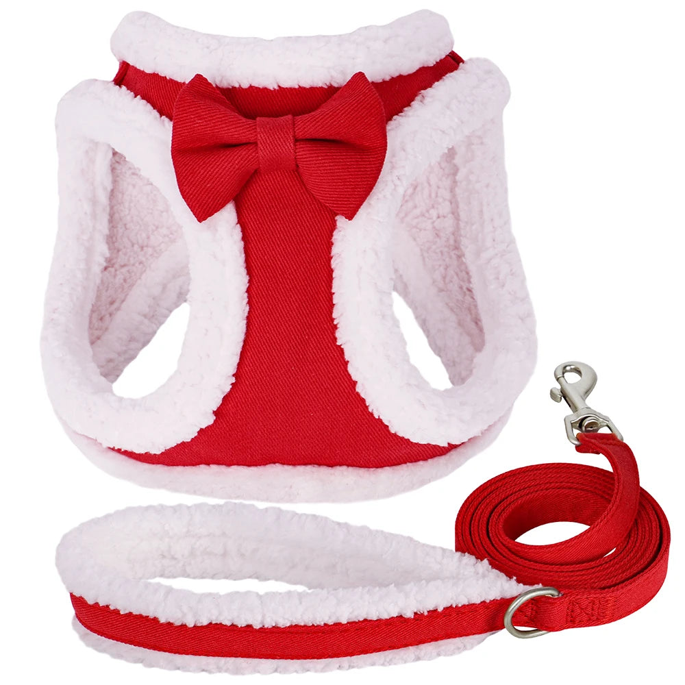 Winter Warm Dog Harness Leash Set – Soft Fleece Pet Vest with Bowtie for Small & Medium Dogs