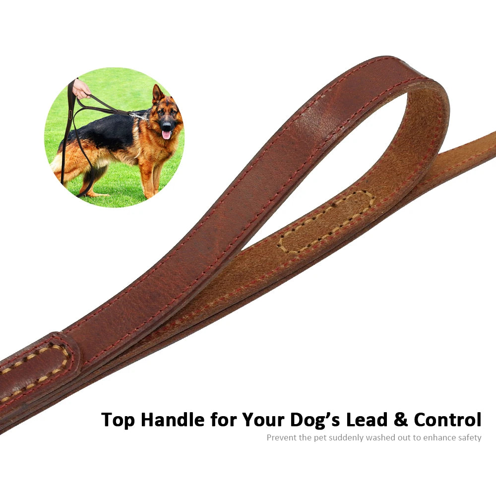 Genuine Leather Dog Leash – Double Handle Training & Walking Lead for Medium & Large Dogs