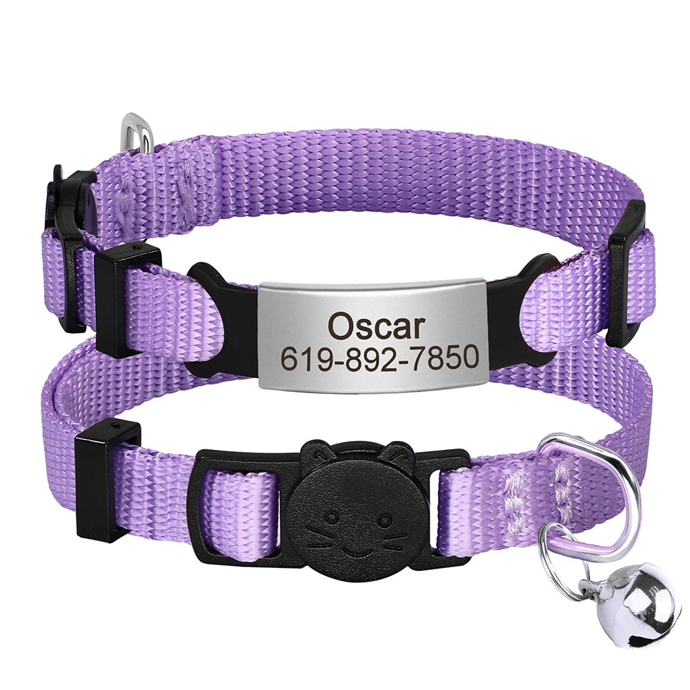 Personalized Nameplate Cat Collar – Custom Engraved Safety Collar with Bell for Cats & Kittens