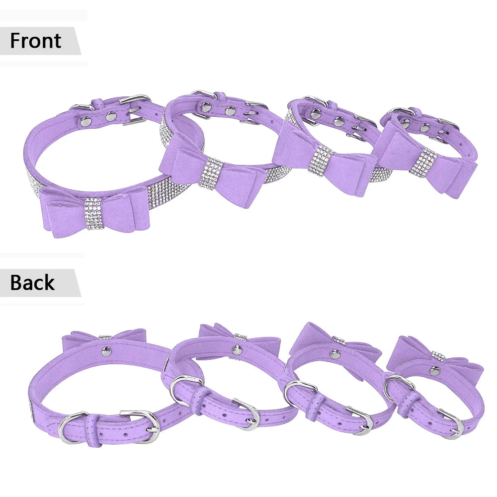 Bling Rhinestone Dog Collar with Bowknot – Adjustable Suede Collar for Small & Medium Pets