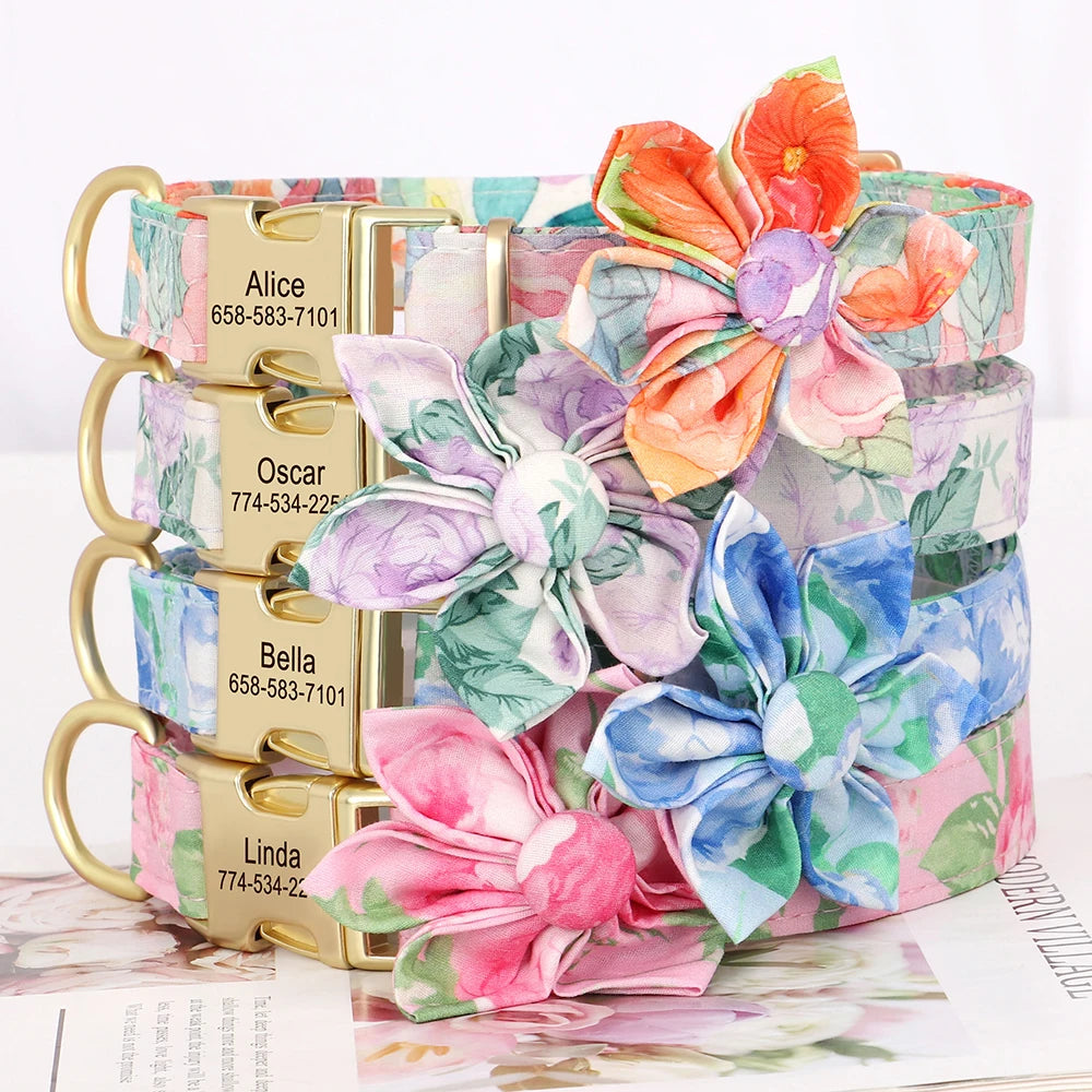 🌸 Personalized Floral Nylon Dog Collar with Free Engraving – Adjustable for Small, Medium, Large Dogs