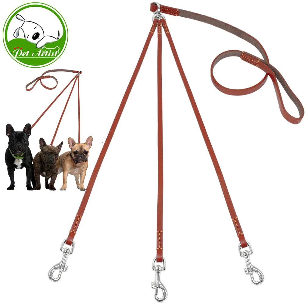 Three Way Puppy Dog Leash Coupler – Leather Triple Dog Lead
