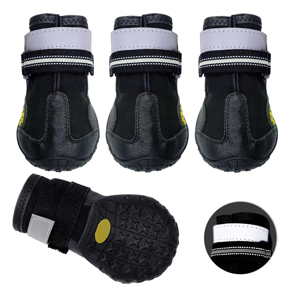 4pcs Reflective Waterproof Dog Boots – Anti-Slip Snow & Rain Shoes for Medium & Large Dogs
